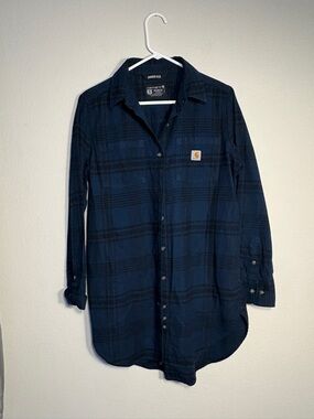 Carhartt Women's Navy Black Plaid Flannel Tunic Top Shirt M Casual Indie Tunic
